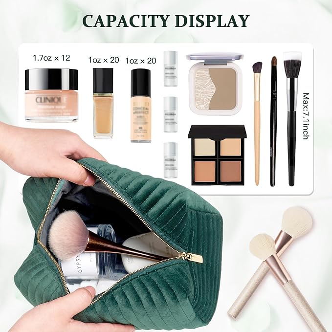 COSHAYSOO Travel Makeup Bag Quilted Make Up Pouch Initial Cosmetic Case for Women Hair Eyebrow Eyeshadow Brushes Powder Foundation Blush Bronzer Contour Palette Items Organizer Green Letter R