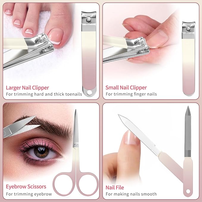 Manicure Set 10 in 1 Stainless Steel Nail Clippers Scissors Tweezers Grooming Kit with Travel Case (Pink)