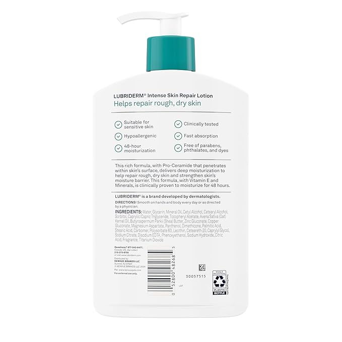 Lubriderm Intense Skin Repair Moisturizing Hand & Body Lotion + Pro-Ceramide, 48-Hour Hydration for Rough, Dry, & Sensitive Skin, Non-Greasy, Hypoallergenic, Lightly Scented, 16 fl. oz