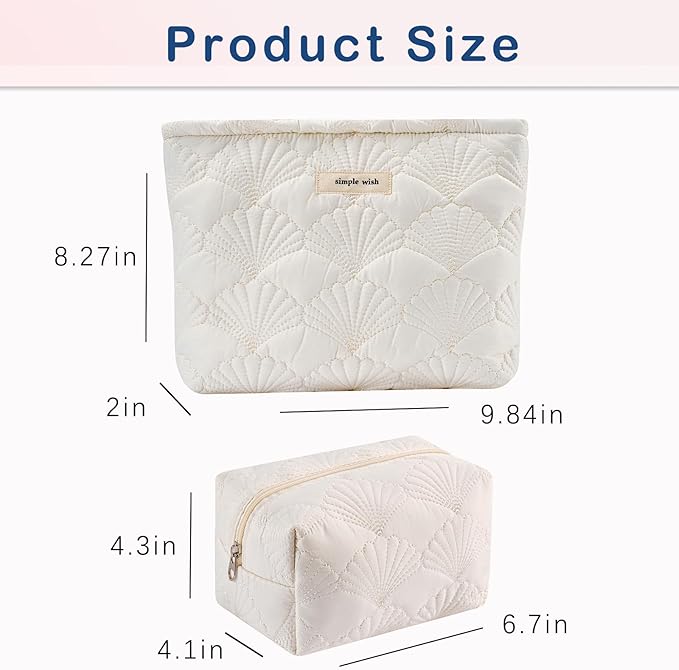 uekeboag 2Pcs White Shells Quilted Cotton Makeup Pouch Set,Coquette Quilted Toiletry Bag for Women and Girls, Floral Coquette Organizer Bag, Aesthetic Travel Cosmetic Bags(2Pcs White Shells)