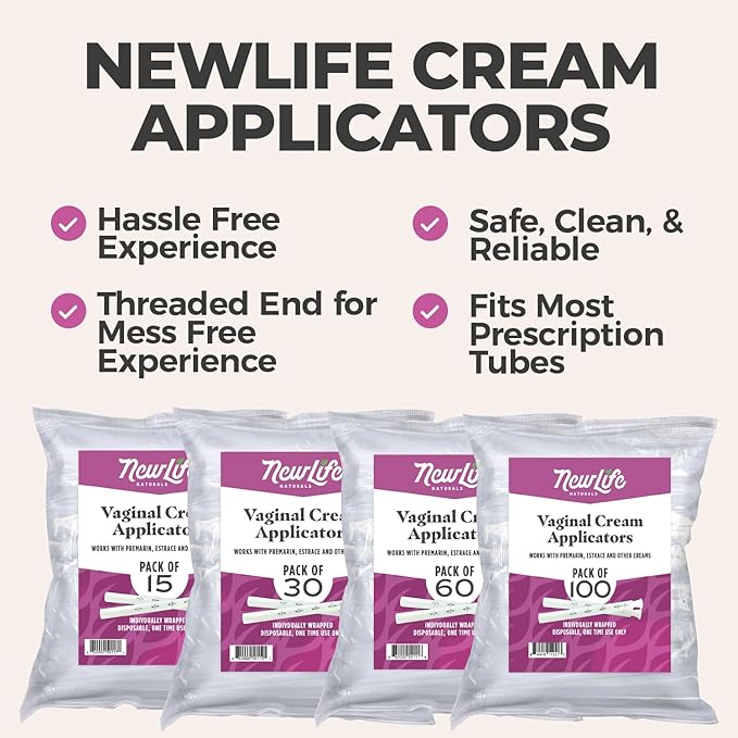 NewLife Naturals Disposable Plastic Vaginal Cream Applicators Hygienic Threaded Injector Applicator Preseed Estrace Premarin OTC Cream Products Dosage Markings- 60 Pack