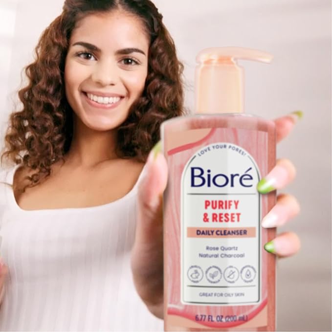 Bioré Rose Quartz + Charcoal Daily Purifying Cleanser, Oil Free Facial Cleanser Energizes Skin, Dermatologist Tested and Cruelty Free, 6.77 oz