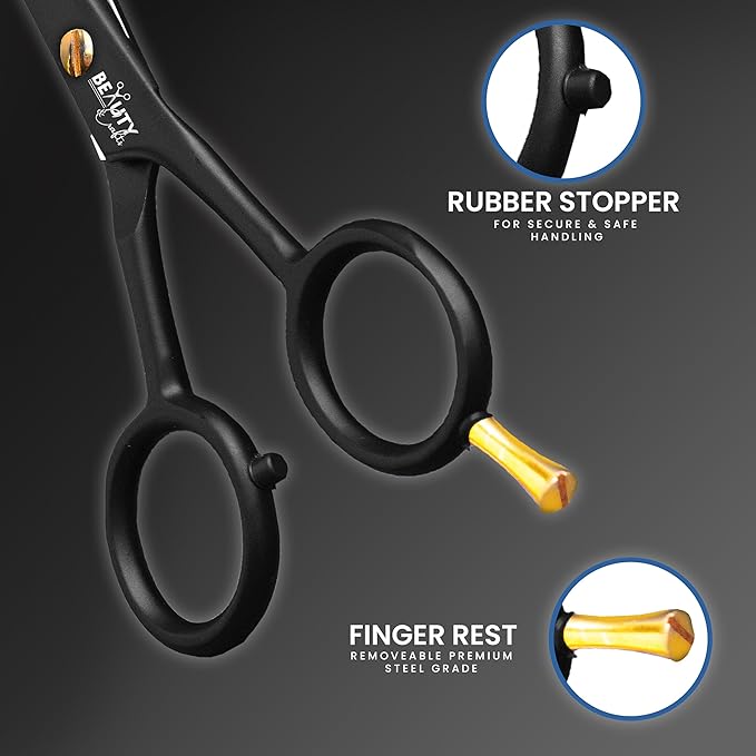 5'' German Beard Mustache Scissor- 2 Mustache Combs for Facial Hair with Beautiful Pouch -Beard Trimming Scissors for Grooming, Cutting, and Styling of Mustache (Black with Folding Comb)
