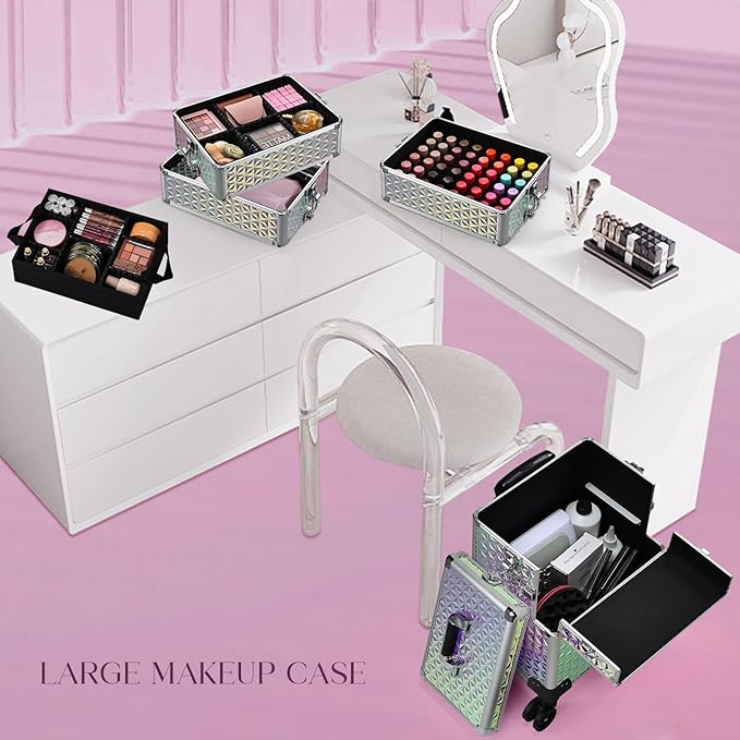 5 in 1 Rolling Makeup Case, Cosmetology Case on Wheels Travel Make up Train Case Nail Cart Makeup Organizer Cosmetic Storage Box Cases Extra Large Trolley Truck with 360° Swivel Wheels, Pink