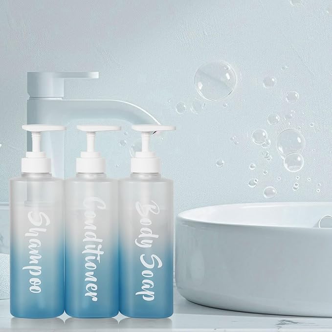 Shampoo and Conditioner Dispenser Set of 3, 17oz Shower Soap Bottles with Permanent Label, Refillable Shampoo and Conditioner Dispensers for Bathroom, Gradient Frosted Blue Empty Bottles with Pump