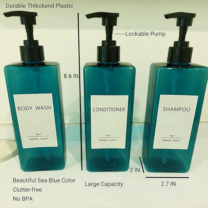Shampoo and Conditioner Dispenser Set, 3Pack Refillable Shampoo and Conditioner Bottles with Labels, 500ml Soap Dispenser 16.9oz Shower Dispenser Square Pump Bottle for Bathroom and Kitchen - Sea Blue