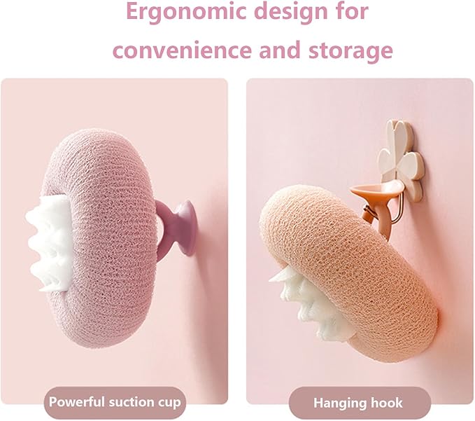 2Pcs Bath Sponge Shower Loofah, Exfoliating Body Scrubber, Upgrade Large 2-in-1 Sunflower Bath Ball with Suction Cup Non-Slip Handle, Bath Sponges for Men Women(Blue&Purple)