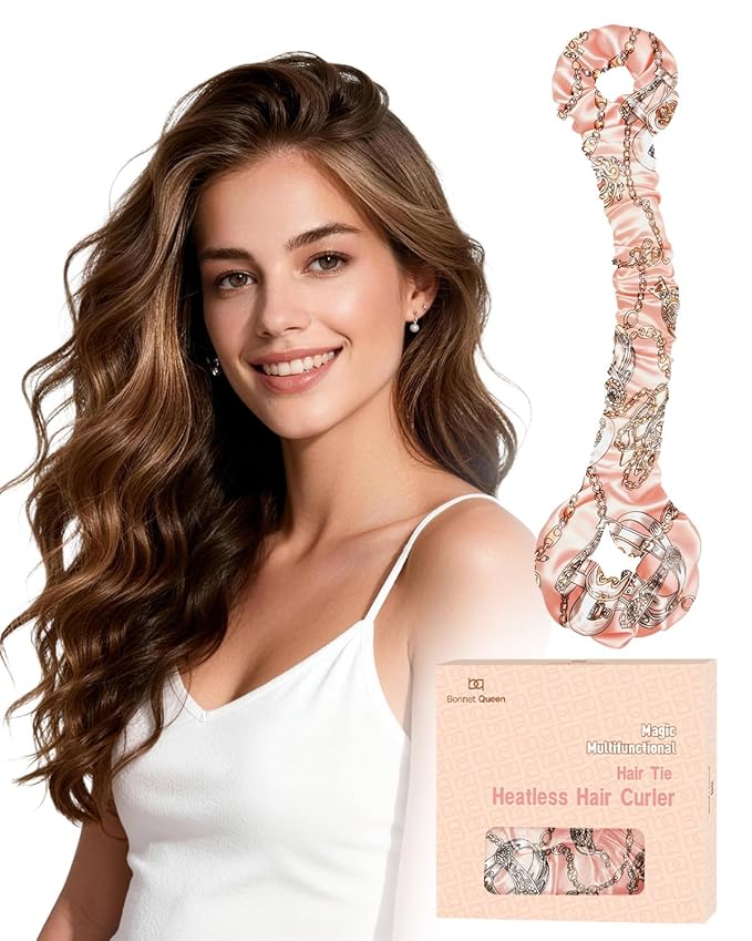 BONNET QUEEN Satin Heatless Hair Curler, Overnight Curls for Long Hair, ultra soft Heatless Curling Rod & 2 Scrunchies,Damage-Free Styling, Soft Hair Curlers for Overnight Use(Pink Print)