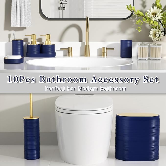 Bathroom Set, 10PC Bathroom Accessory Set, Blue Bathroom Accessories, Navy Blue and Gold Bathroom Set with Trash Can, Soap Dispensers