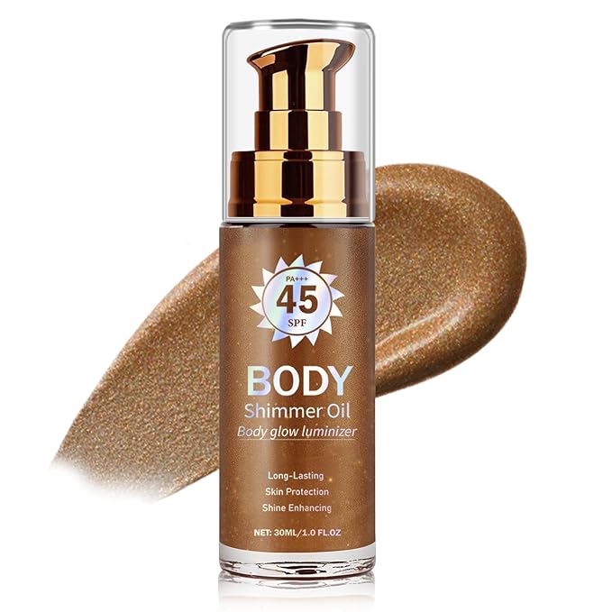 Body Glow Oil,SPF 45 Broad Spectrum,Moisturizing Shimmer Body Oil,Bronzer for Women and Men,Lightweight Non-Sticky Shimmer Sunscreen,Absorbs Quickly,03 Glistening Bronze