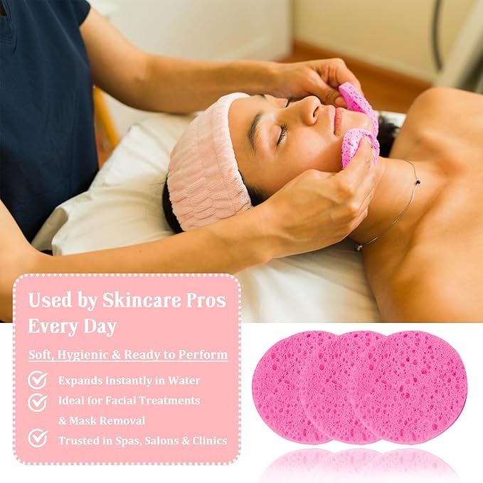 50-Count Facial Sponges, Compressed Natural Cellulose, Pink, Round Shape, Face Cleansing, Exfoliating, Makeup Removal