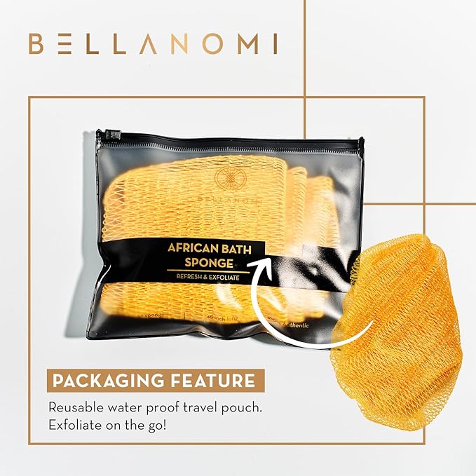 BELLANOMI African Exfoliating Net Sponge, Authentic, Ethically sourced from Nigeria, 45 inches Long, Back Scrubber for Daily use (Yellow)