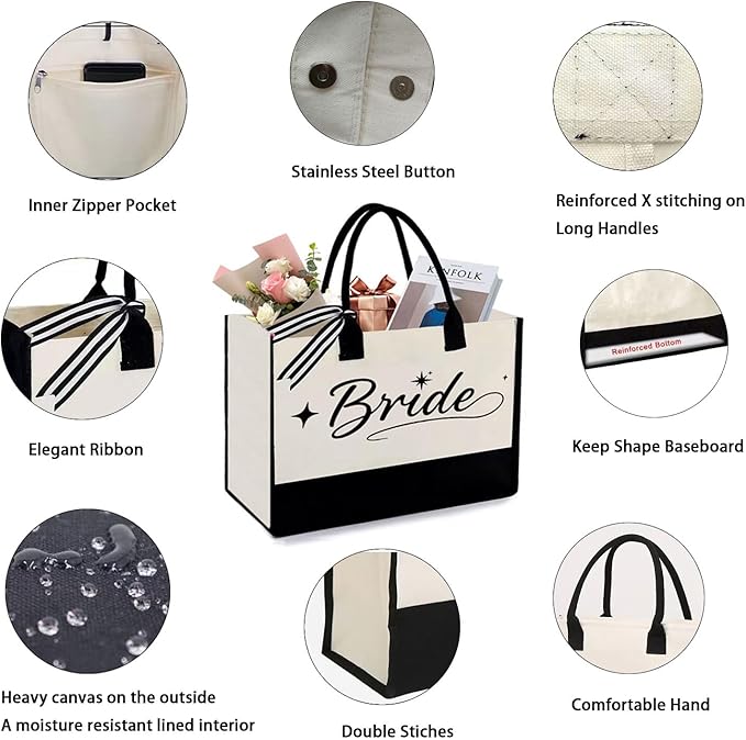 Bride Gifts Canvas Tote Bag, Gifts for Wedding BridalShower, Bachelorette Party, Bride to be, Miss to Mrs Gift,Christmas Personalized Bridesmaid Present