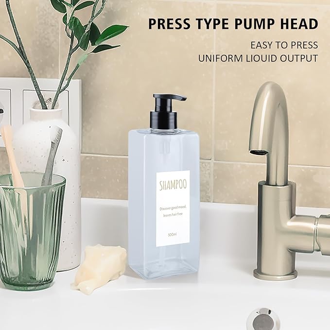 Shampoo and Conditioner Dispenser (Set of 2, 16.9oz) Modern Refillable Shampoo Pump Bottles for Shower Soap - Empty Body Wash Dispenser Set for Bathroom (Transparent)