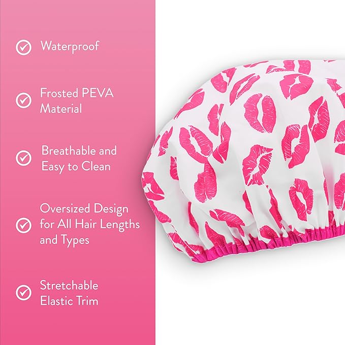 Reusable Shower & Bath Cap & Lined, Oversized Waterproof Shower Caps Large Designed for all Hair Lengths with PEVA Lining & Elastic Band Stretch Hem Hair Hat - Fashionista Showered With Kisses