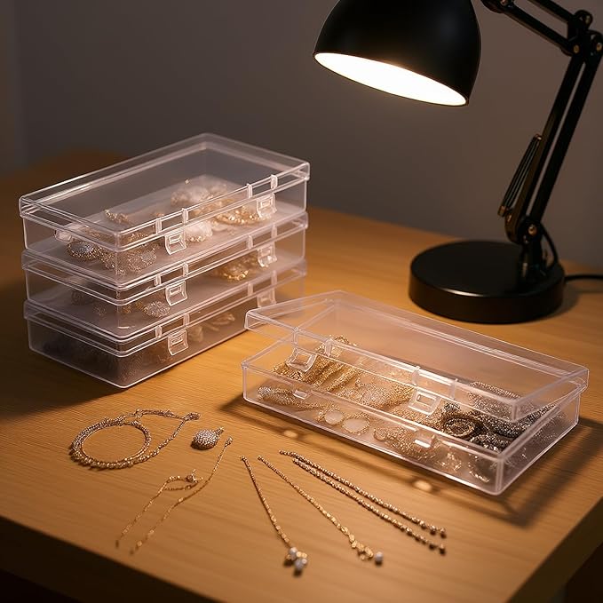 4 Pack Rectangular Clear Plastic Storage Containers Box with Hinged Lid for Beads and Other Small Craft Items (6.1 x 3.3 x 1.18 inch)