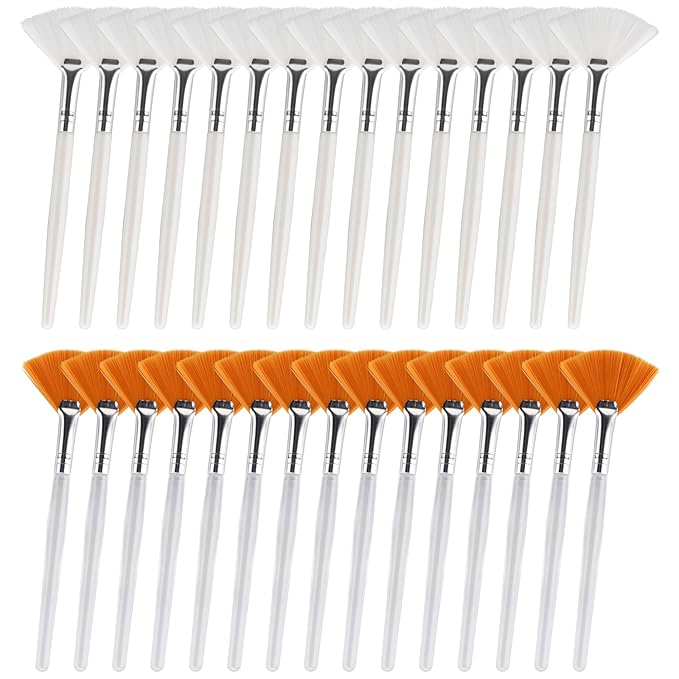 30 Pieces Soft Fan Brush for Facial Esthetician, Flat Head Fan Makeup Brush, Cosmetic Face Applicator Tool for Mud Cream Makeup Peel Women (White & Yellow)