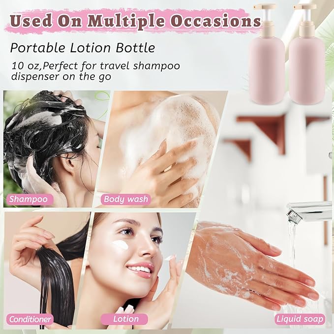 6 Pcs 10 oz Soft Plastic Bottles with Press Pump,Empty Refillable Travel Shampoo Dispenser Container for Hand Soap,Shampoo,Lotion,Body Wash,Conditioner,Silicone Funnel Included (Pink)