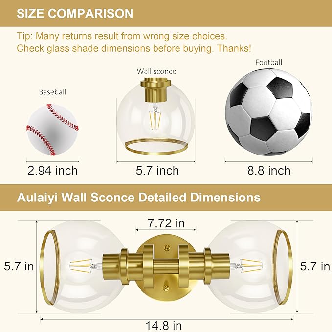 Bathroom Sconces Set of Two, Brushed Gold Wall Sconces with Clear Glass, Hardwired Modern Sconces Wall Decor Set of 2, Wall Light Fixtures for Bathroom Living Room Mirror Hallway Bedroom