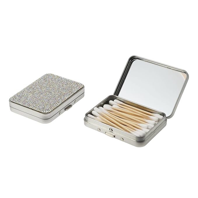 Bling Cotton Swab Holder for Travel,2PCS Portable Floss Pick Holder Case with Mirror,Storage Box for Cotton Swabs, Dental Floss, Hair Ties, and Small Essentials(Silver)
