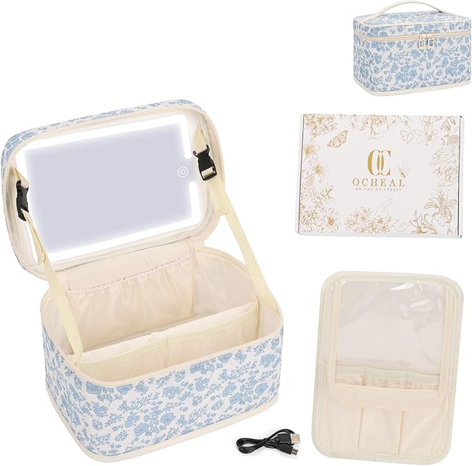 Makeup Bag With LED Mirror, Lightweight Travel Makeup Bag With 3 Color Setting Light Up Mirror Cosmetic Makeup Organizer Vanity Case for Women Beauty Tools Accessories Rechargeable Train Case-Floral