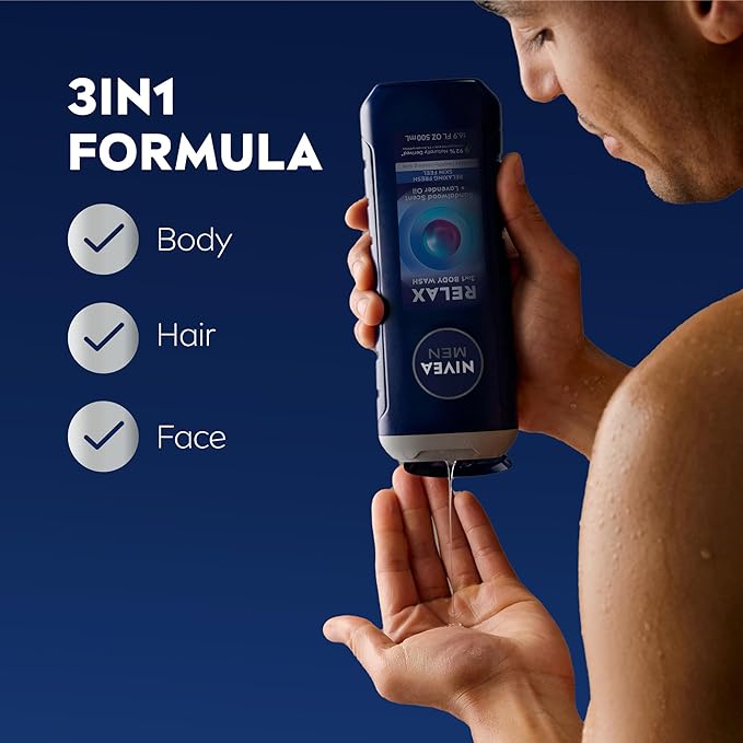 NIVEA MEN Relax Body Wash, Lavender and Sandalwood Scent, 3-in-1 Men's Body Wash, Face and Hair, Paraben Free, Vegan Formula, pH-Skin Friendly, 16.9 Fl Oz Bottle, Pack of 3