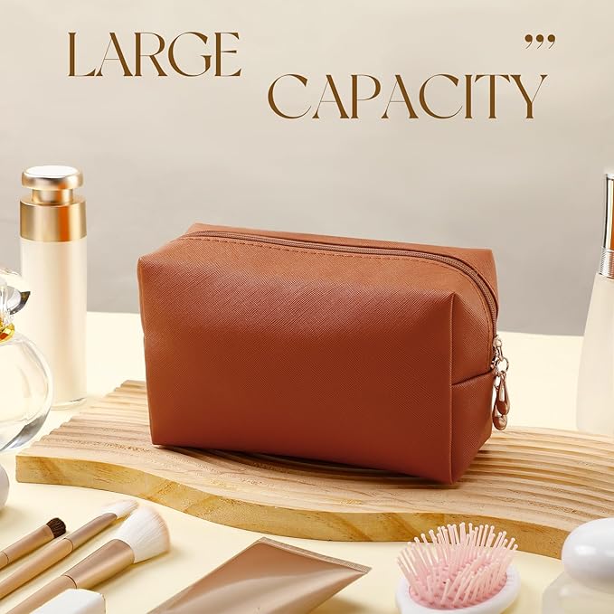 Kigeli 15 Pcs Aesthetic Makeup Bags PU Leather Cosmetic Pouches Waterproof Plain Toiletry Bags Makeup Pouches Bulk for Women Party Gift Travel Storage Organizer(Orange Brown)