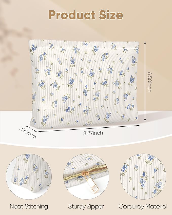 Cute Floral Makeup Pouch for Women Small Make Up Bag for Purse Zipper Initial Makeup Cosmetic Bags Pouches for Purse Aesthetic Travel Toiletry Bags,Cute Blue Floral