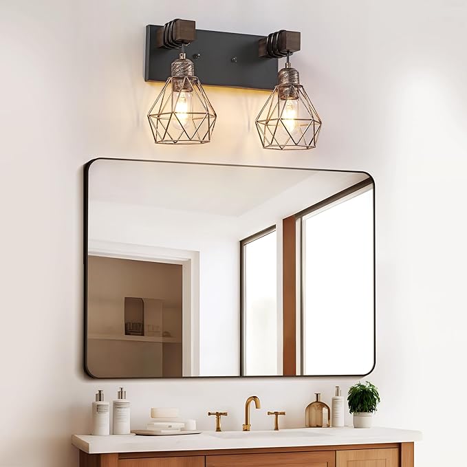 Farmhouse Bathroom Vanity Light Fixtures, 2-Light Wood Bathroom Light Fixtures Over Mirror, Rustic Sconces Wall Lighting with Elegant Metal Lampshade for Living Room, Bedroom, Hallway