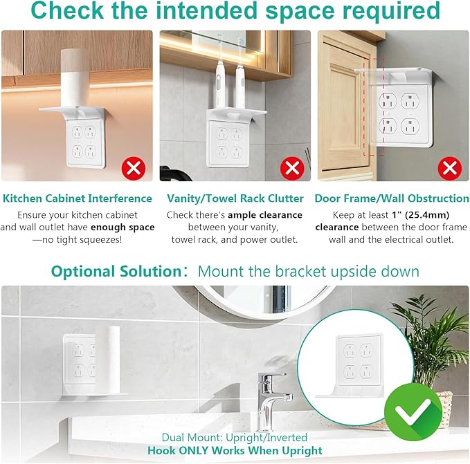 WALI Double Outlet Shelf Wall Holder – Bathroom Shelf Duplex for Electric Toothbrush, HomePod Mini, Echo Dot & Phone Charging – White-2 Packs (DLS002)