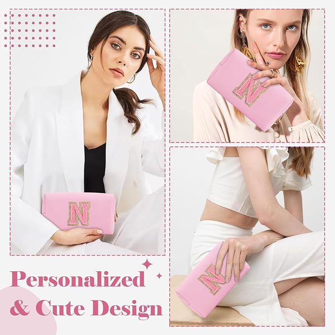 Personalized Initial A-Z Preppy Patch Makeup Bag,Small PU Leather Chenille Letter Cosmetic Bag with Zipper for Teen Girls,Pink Cute Travel Toiletry Bag,Birthday Monogrammed Gift for Daughter,Letter V