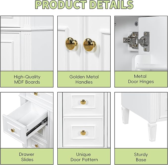 Harper & Bright Designs 36" Bathroom Vanity with Sink, Free Standing Single Basin Vanity Set with Tip-Out Drawer, 2 Drawers, and 2 Doors, Wood Bathroom Cabinet with Ceramic Basin for Bathroom, White