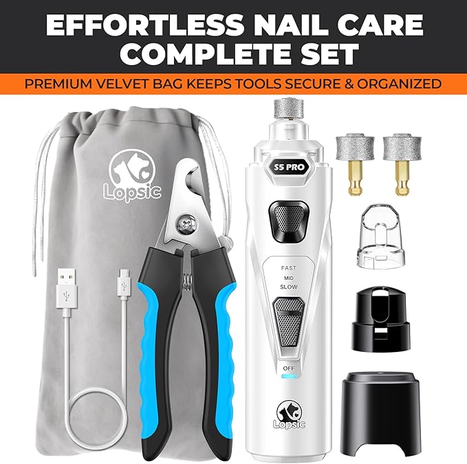 Whisper Quiet Dog Nail Grinder with LED Light, Safe & Stress-Free for Sensitive Dogs of All Breeds & Sizes, 3 Grinding Bits, 3-Speed, Pet Nail Trimmers, Rechargeable Painless Grooming Kit White