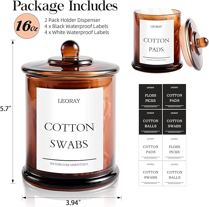 LEORAY 2 Pack Glass Qtip Holder Dispenser with Lids, Airtight Waterproof, 16 Oz Vanity Organizer Bathroom Canisters for Cotton Swabs, Balls, Pads, Floss Picks, Restroom Kitchen Storage Jars, Amber