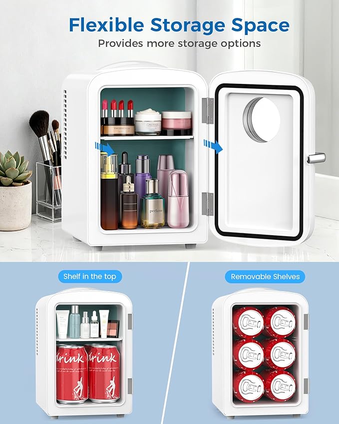 Mini Fridge for Bedroom, 4L/6 Cans Small Cosmetic Fridge for Skincare, Makeup & Drink, With Observation Window, Portable Desk Fridge Cooler and Warmer for Kids, Car, Office, Dorm, White
