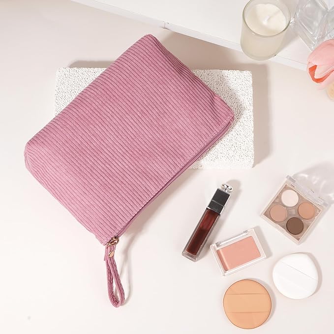 MAGEFY Small Makeup Bag, Corduroy Small Pouches for Purse Cosmetic Bag Makeup Pouches for Key Pocket Lipstick Bag Card Holder Data Cable Organizer(Pink,Small)