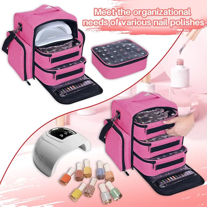 Nail Polish Organizer Storage Box, Holds 90 Bottles of Nail Polish, Portable Travel Case with 3 Separate Storage Bags, Can Be Used for Nail Art Supplies, Manicurists, etc Rose Red