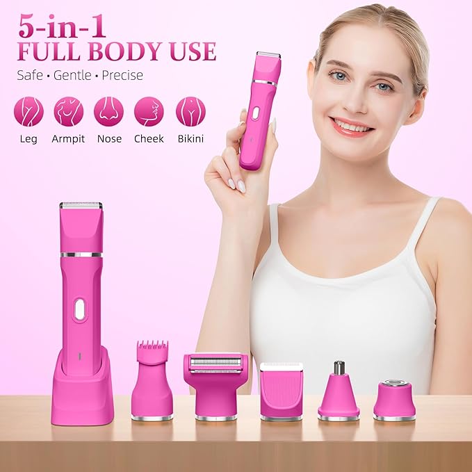 5-in-1 Bikini Trimmer for Women, IPX7 Waterproof Electric Razors Shaver, Cordless Body Hair Trimmer, Facial & Pubic Hair Removal, Ceramic Blade (Magenta)