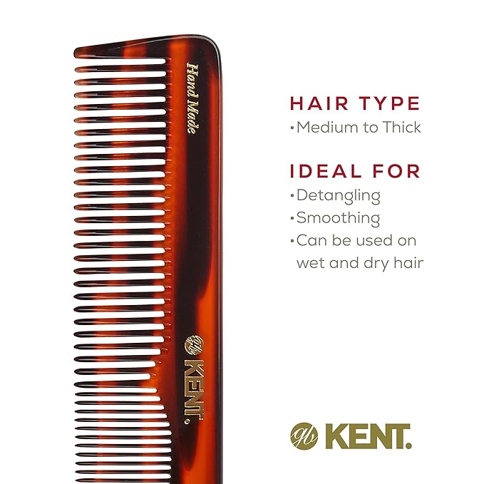 Kent 16T Tortoise Fine Tooth and Wide Tooth Comb for Daily Grooming, Styling Comb for All Hair Types, Wet or Dry Hair Detangling Combs for Men and Women,Saw Cut Hand Polished, Made in England