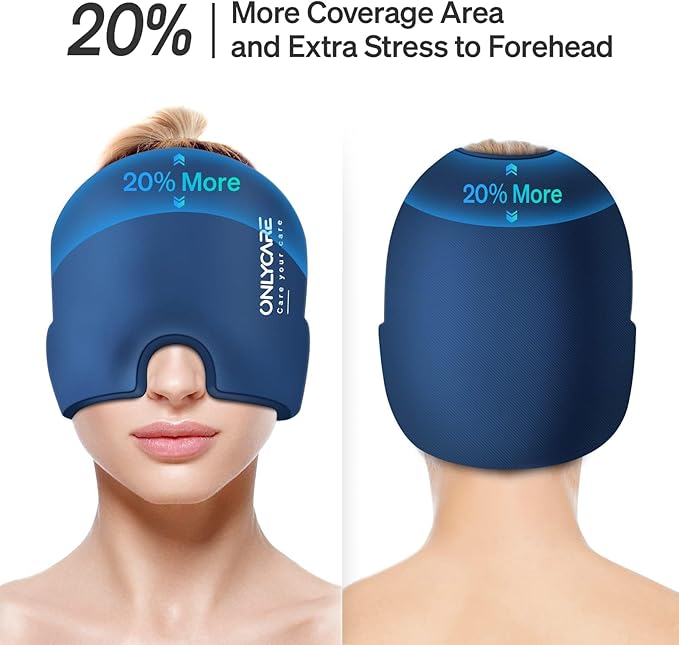 ONLYCARE Migraine Relief Cap, Soothing Migraine Mask, Upgraded Odorless Gel Ice Head Wrap, Hot and Cold Therapy, Headache Ice Pack for Tension, Stress, Hangover (Blue)
