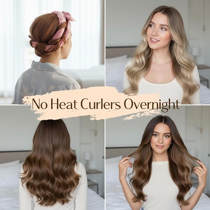 Obeoby Heatless Curls Overnight Set, No Heat Hair Curlers To Sleep In, Hair Rollers with Scrunchies and Clips for Women Long & Short Hair, pink