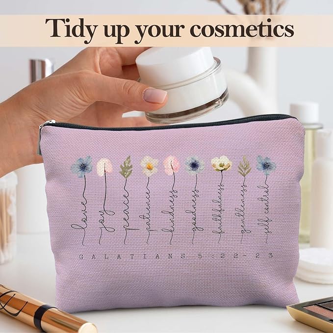 Christian Gifts Makeup Bag, Floral Christian Cosmetic Bags for Women, Galatians 5:22-23 Bible Verse Makeup Pouch, Faith Based Gifts Zipper Pouch（purple