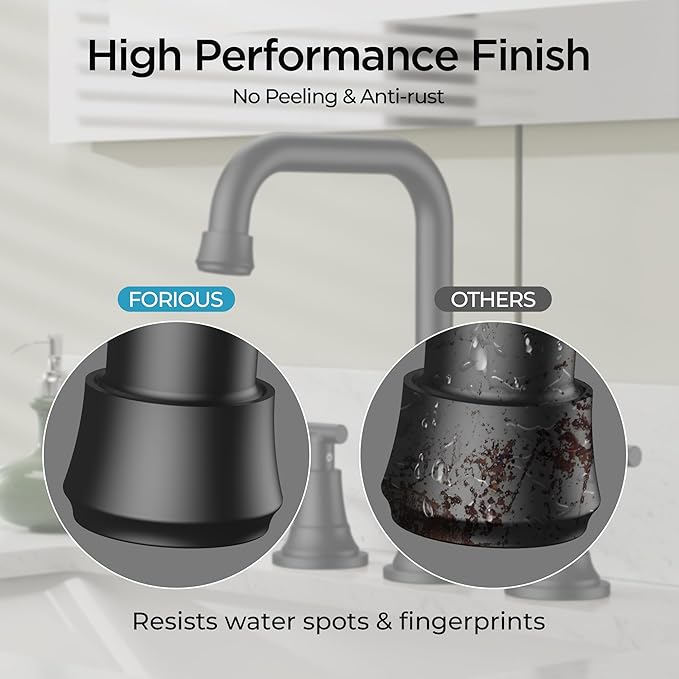 FORIOUS Black Bathroom Faucet for Sink 3 Hole,Widespread Matte Black Bathroom Sink Faucets,2 Handles RV Bathroom Faucets Vanity with Pop Up Drain and Supply Hoses