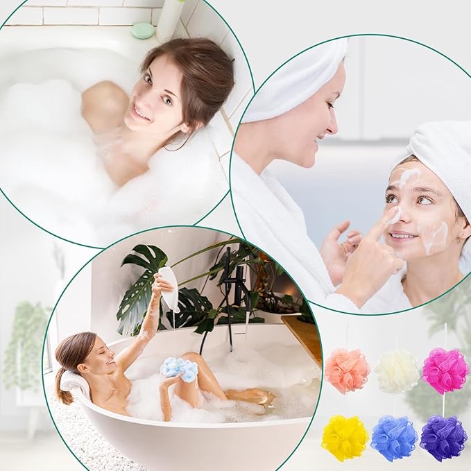 Sunnyray 100 Pcs Bath Sponge Shower Loofahs Bulk Bath Luffas Exfoliating Body Scrubber Packs Assorted Color Mesh Balls Travel Cleaning Wash Puff Bathing Accessories for Women Men Body Wash, 6 Colors