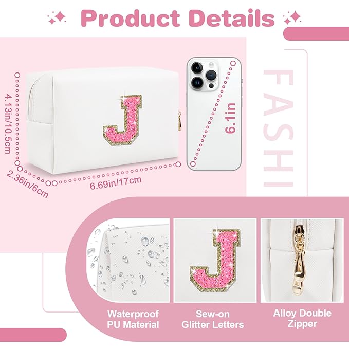 Small Personalized Initial A-Z Patch Makeup Bag,White Cute PU Leather Glitter Letter Cosmetic Bag for Teen Girls,Travel Toiletry Bag with Zipper,Preppy Monogrammed Birthday Gift for Daughter Niece J
