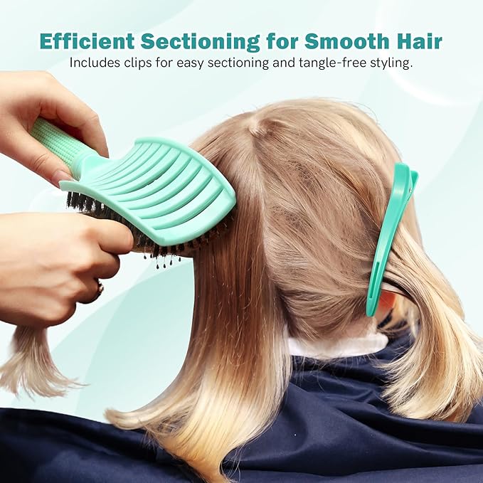 Curved Detangler Brush for Women Kid Men, 2 Pack Boar Bristle Vented Hair Brush Set with Clips for Fine Thick Hair Smoothing, Detangling, Faster Blow Drying