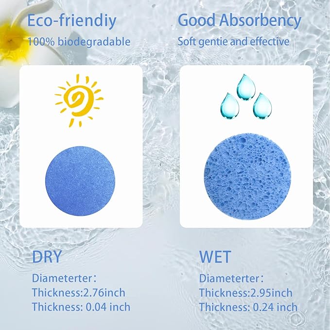 50-Count Large Compressed Facial Sponges for Estheticians, Daily Cleansing and Gentle Exfoliating- 100% Natural Cellulose Spa Sponge Perfect for Removing Dead Skin, Dirt and Makeup (Round 2.95",Blue)