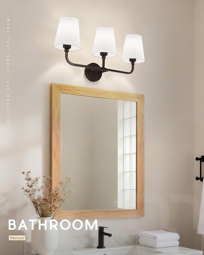 Bathroom Light Fixtures, 3-Light Oil Rubbed Bronze Vanity Lights with Flared White Fabric Shade, Vintage Sconces Wall Lighting for Hallway Bedroom, VL837-ORB-3