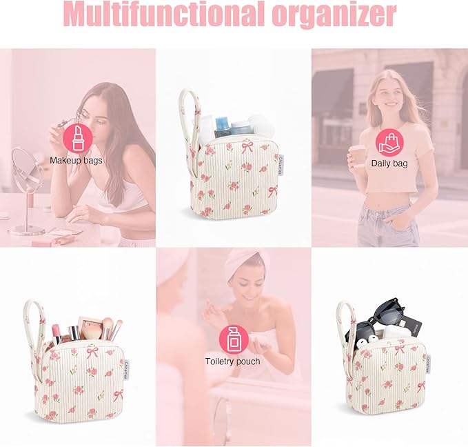 Small Makeup Bag | Discreet Period Bag Pad Pouch for Purse| Sanitary Napkin Storage & Tampon Holder for Travel(Flower bow beige)