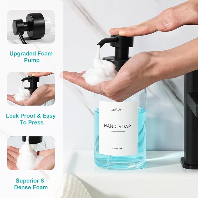 Foaming Hand Soap Dispenser, 14.1 oz/400ml Foaming Soap Dispenser, 2 Pack Glass Foaming Dispenser for Bathroom & Kitchen, Clear Refillable Liquid Dispenser Bottle with Waterproof Labels